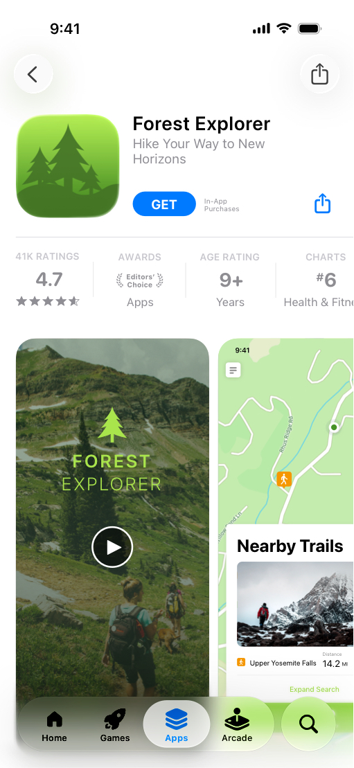 iPhone 上显示了 Forest Explorer App 的 App Store 产品页面，这个页面着重介绍徒步路线