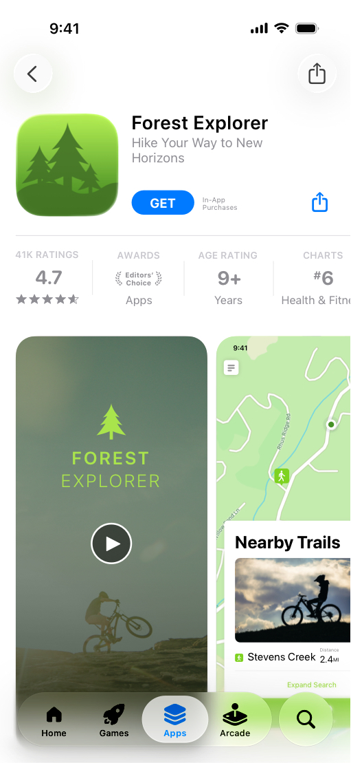 iPhone 上显示了 Forest Explorer App 的 App Store 产品页面，这个页面着重介绍自行车路线