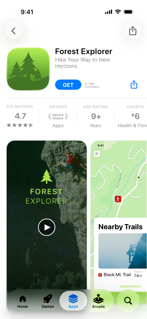 iPhone 上显示了 Forest Explorer App 的 App Store 产品页面，这个页面着重介绍攀岩路线