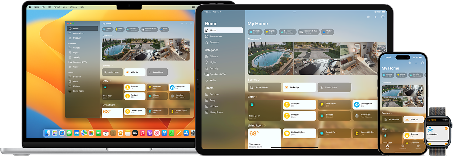 A MacBook Pro, iPad, iPhone, and Apple&nbsp;Watch side-by-side each displaying the Home app with third party accessories.