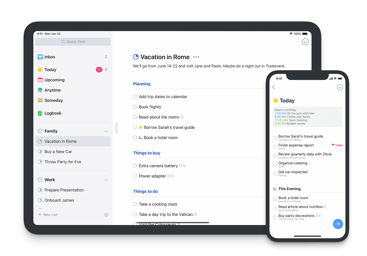 “Things”App 在 iPad 和 iPhone 上的截屏，展示了由有序复选框组成的 App 待办事项列表屏幕，背景为白色。