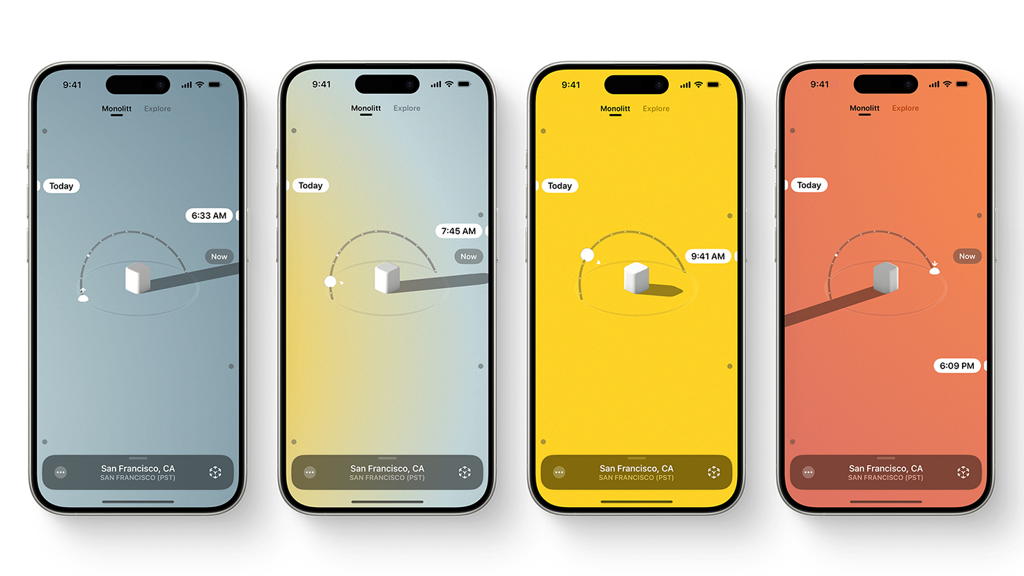 Sunlitt 앱의 iPhone 스크린샷 콜라주로, 작은 흰색 정육면체로 표현된 사용자의 위치와 그 위에 있는 태양의 위치를 보여 줍니다. 각 스크린샷의 배경색은 파란색, 연두색, 노란색, 빨간색/주황색 등으로 다양합니다.
