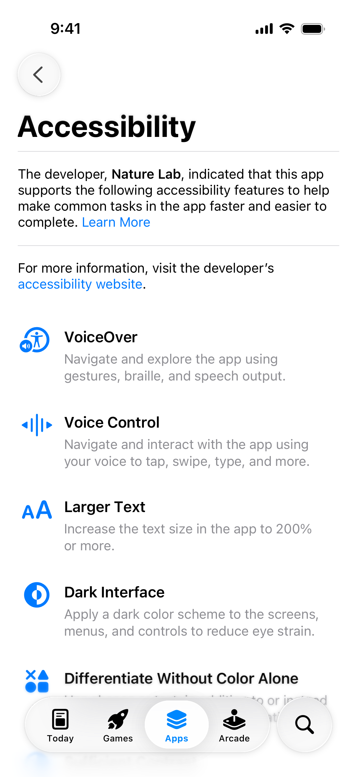截屏为 App Store 中某个 App 的“辅助功能”详情页面，列出了该 App 支持的辅助功能及定义。