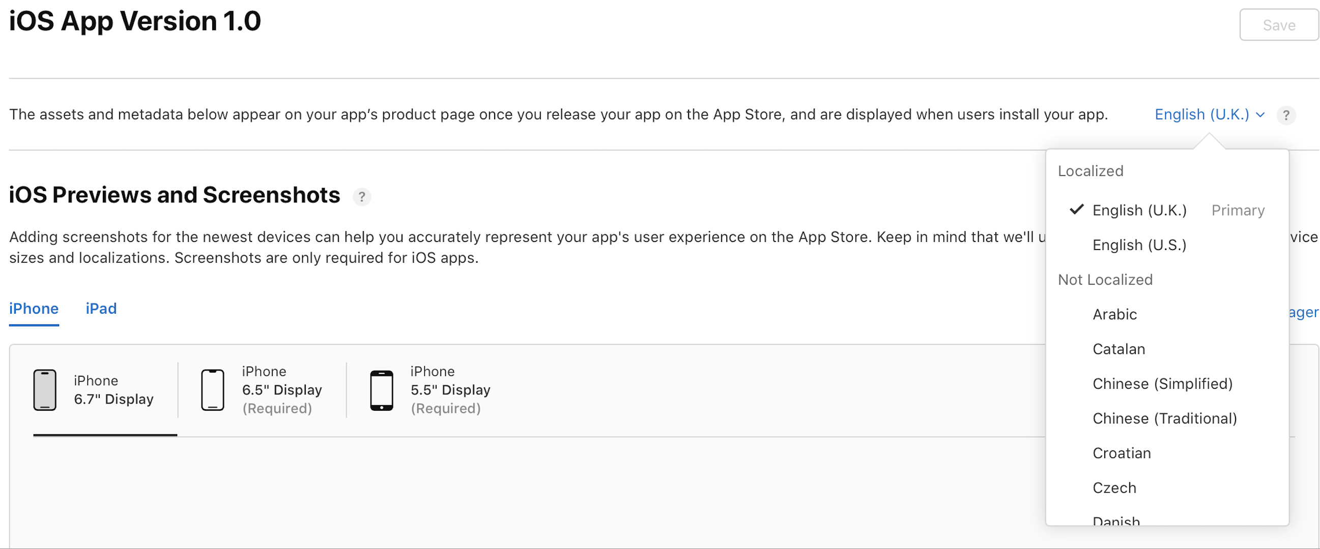 截屏显示了 iOS App 版本元数据页面,点按右上方列出的语言即可打开语言菜单。