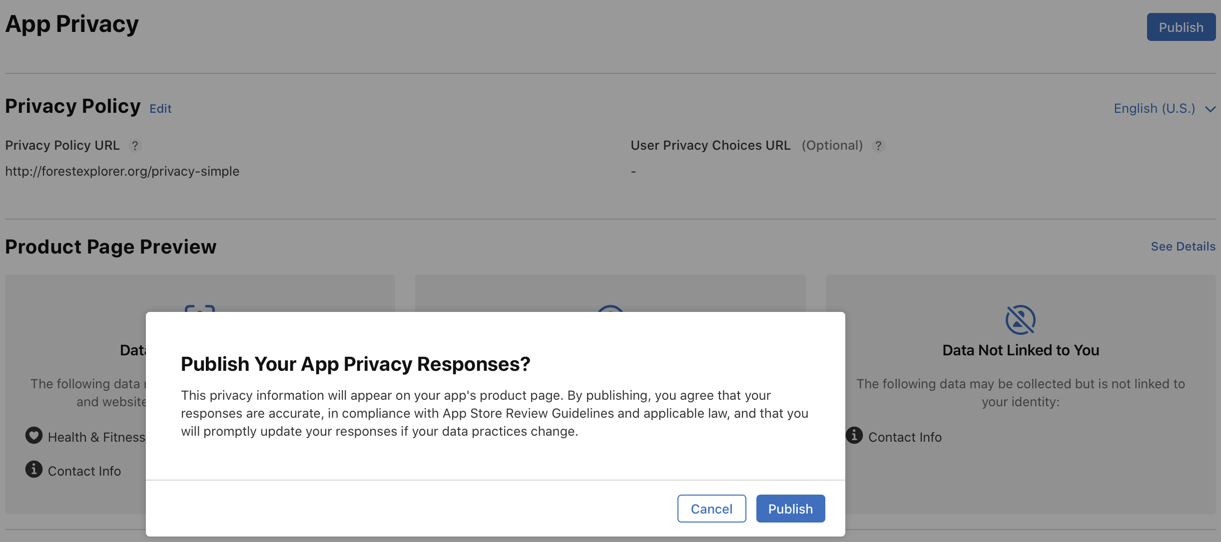 Screenshot of the "Publish Your App Privacy Responses?" dialog on the App Privacy page, which displays Cancel and Publish buttons at the bottom-right.