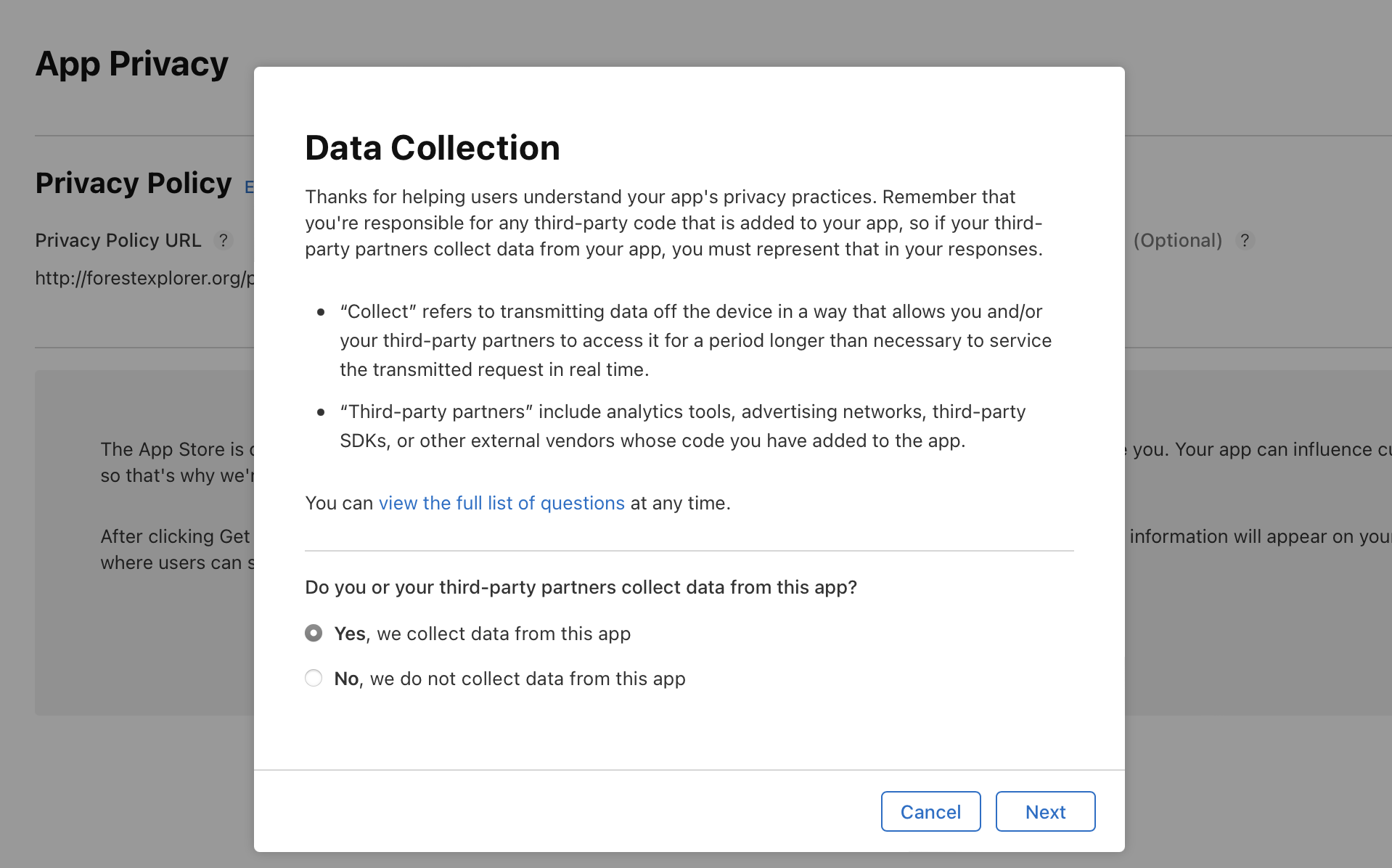 Screenshot of the Data Collection dialog on the App Privacy page that provides options to declare whether your app collects data from the app or not.