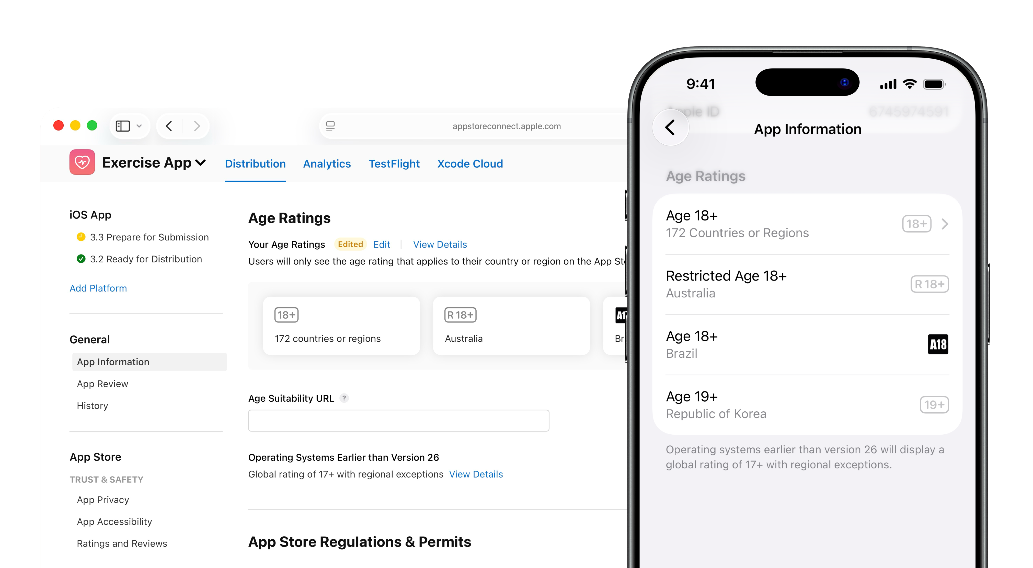“App 信息”页面的截屏。在“年龄分级”部分的“你的年龄分级”下方，显示了系统为 App 计算的年龄分级。App 在 172 个国家或地区的分级为“18+”，在澳大利亚为“R 18+”。在“你的年龄分级”旁，有两个可点按的链接，分别为“编辑”和“查看详细信息”。画面右侧叠加了一张该 App 的 App Store 产品页面截屏，其中“年龄分级”部分所显示的年龄分级与 App Store Connect 一致。