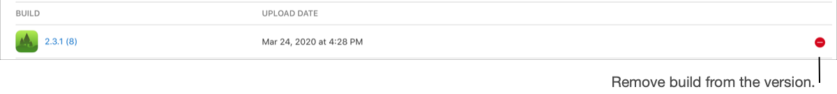 截屏显示了平台详情页面,在“构建版本”部分,有一条竖线指向构建版本右侧的删除按钮。