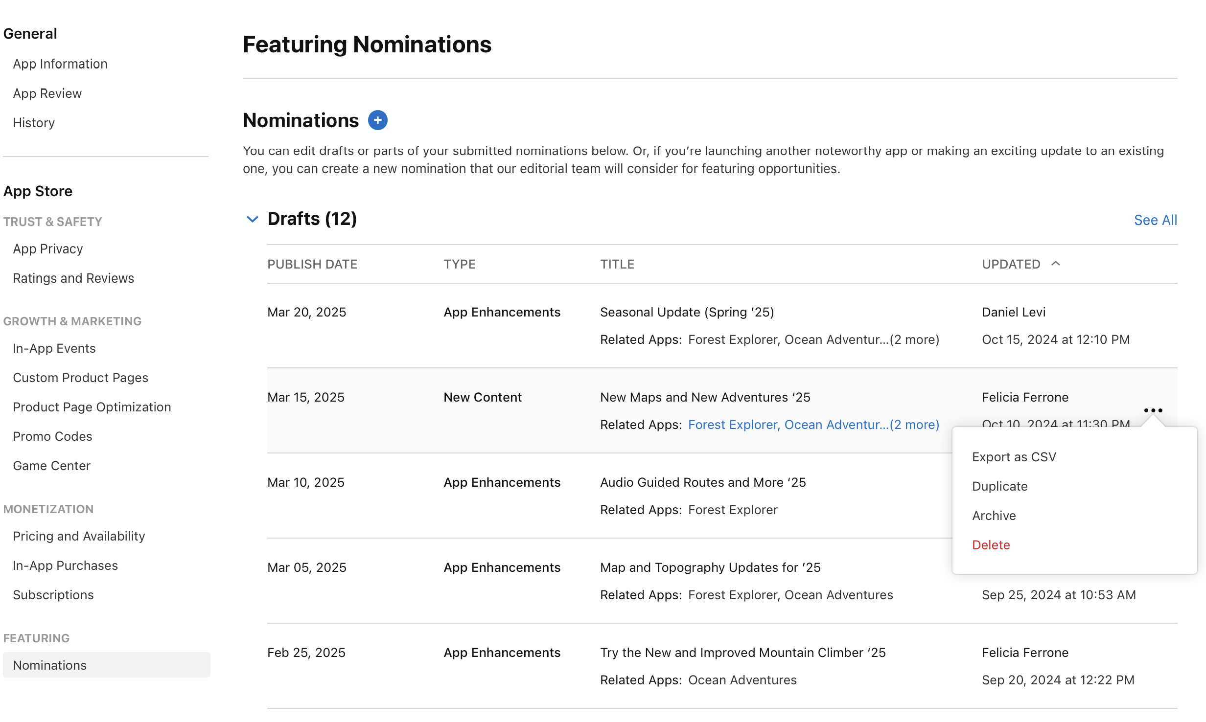 Screenshot of the Featuring Nominations page, below the Drafts section, nomination drafts are listed. When you hold the pointer over a nomination, an ellipsis appears on the right side, providing four options: Export as CSV, Duplicate, Archive, and Delete.