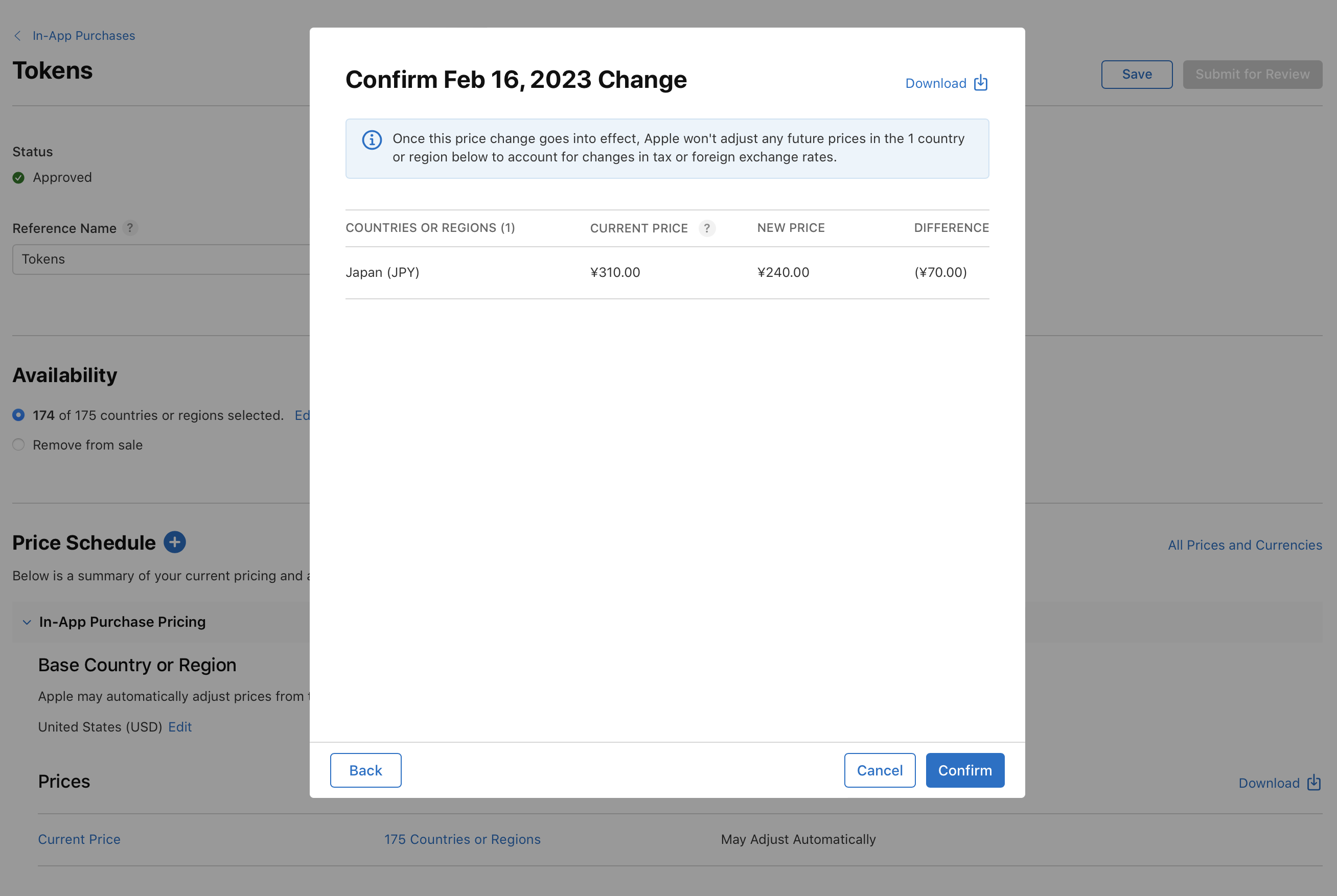 截屏为价格调整确认的弹出窗口,显示日本的当前价格为 ¥310.00,新价格为 ¥240.00,两者相差 ¥70.00。顶部是一条提醒,表示 Apple 不会因为税率或外汇汇率变化而调整该国家或地区的价格。窗口左下角为“返回”按钮,右下角为“取消”按钮和“下一步”按钮。