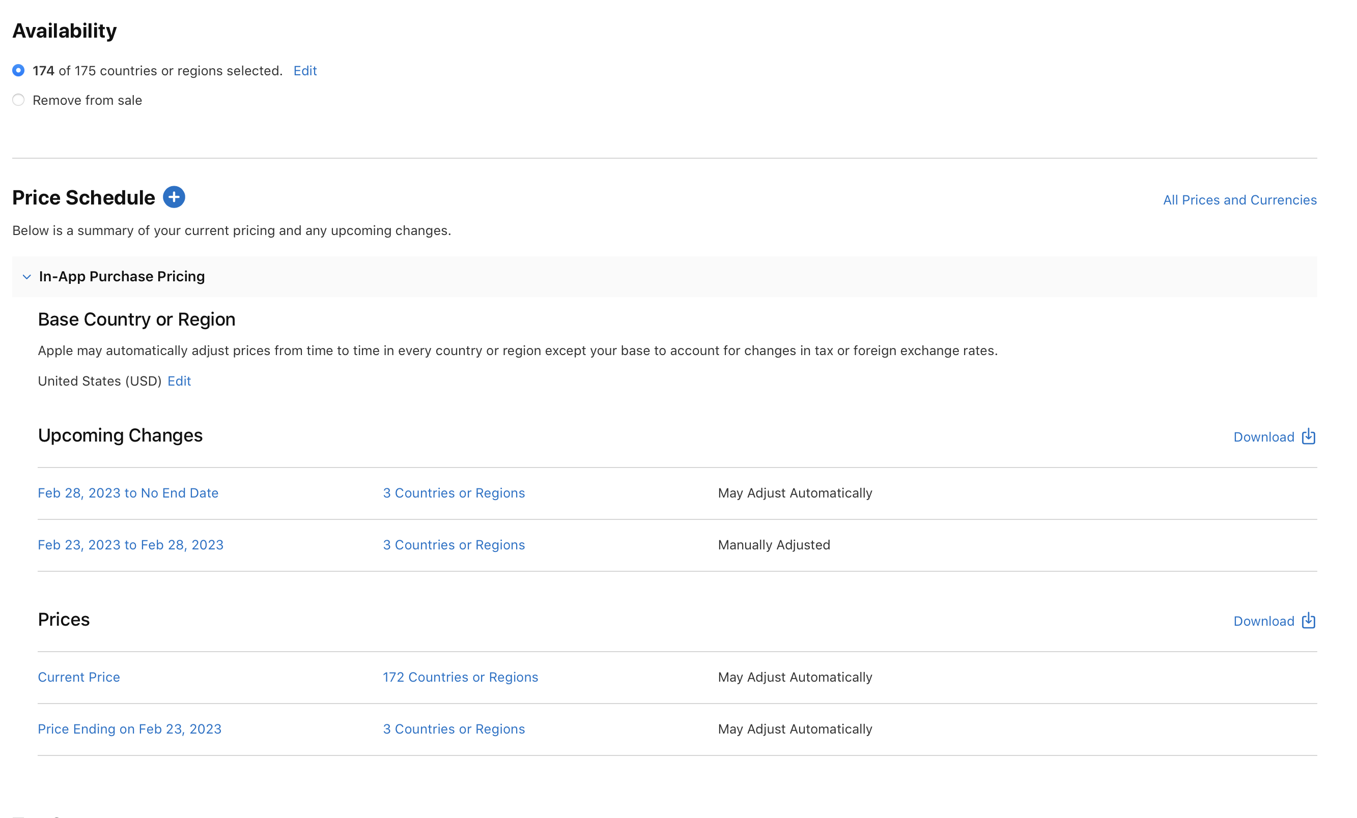 截屏为一个表格,标题为“价格时间表”,包含“即将进行的调整”和“当前价格”两个部分。支持编辑和下载 App 内购买项目的价格信息。