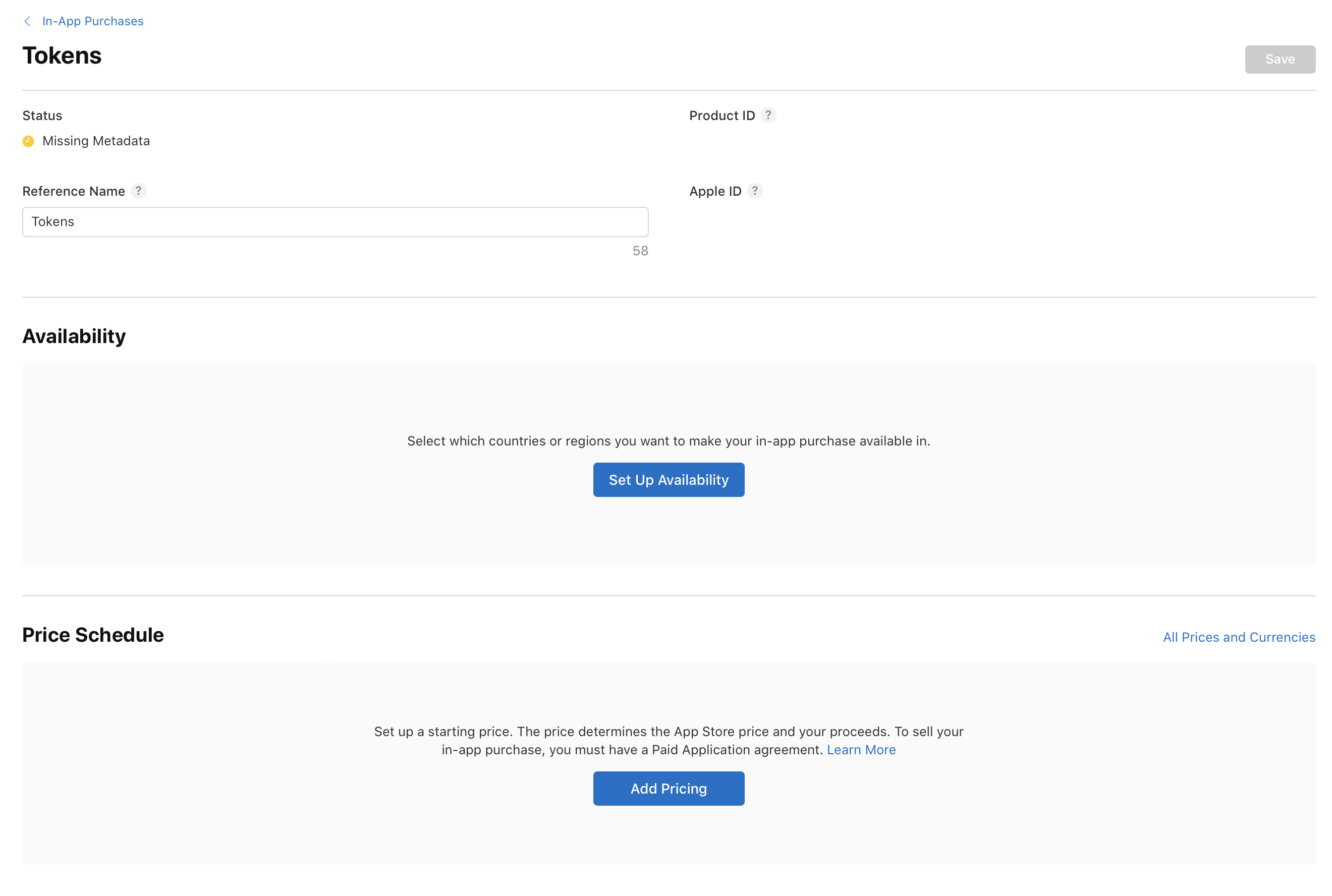 Screenshot of the section for setting up In-App Purchases. Includes input fields for Product ID, Apple ID, and a dropdown for selecting availability regions. Buttons for Set Up Availability and Add Pricing are displayed