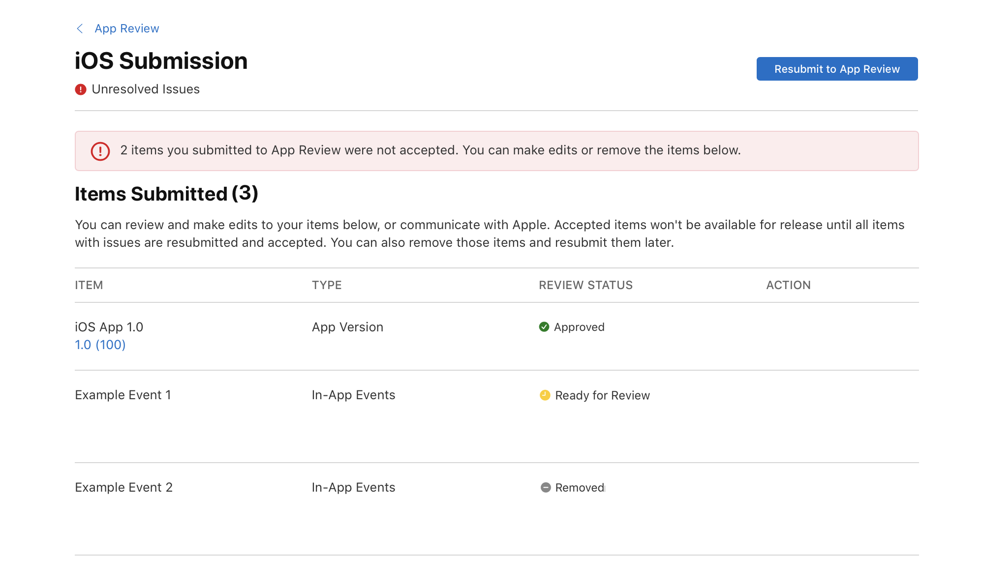 截屏中“已提交项目(3)”部分列出了三个项目。第一个项目状态为“已接受”,第二个项目状态为“可供审核”,第三个项目状态为“被拒绝”。页面右上方是“重新提交至 App 审核”按钮。