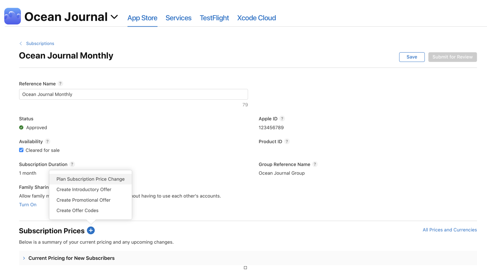 截屏显示了订阅项目“Ocean Journal Monthly”的管理选项。该页面包含状态、Apple ID、产品 ID等详细信息,以及调整订阅价格和创建优惠的选项。
