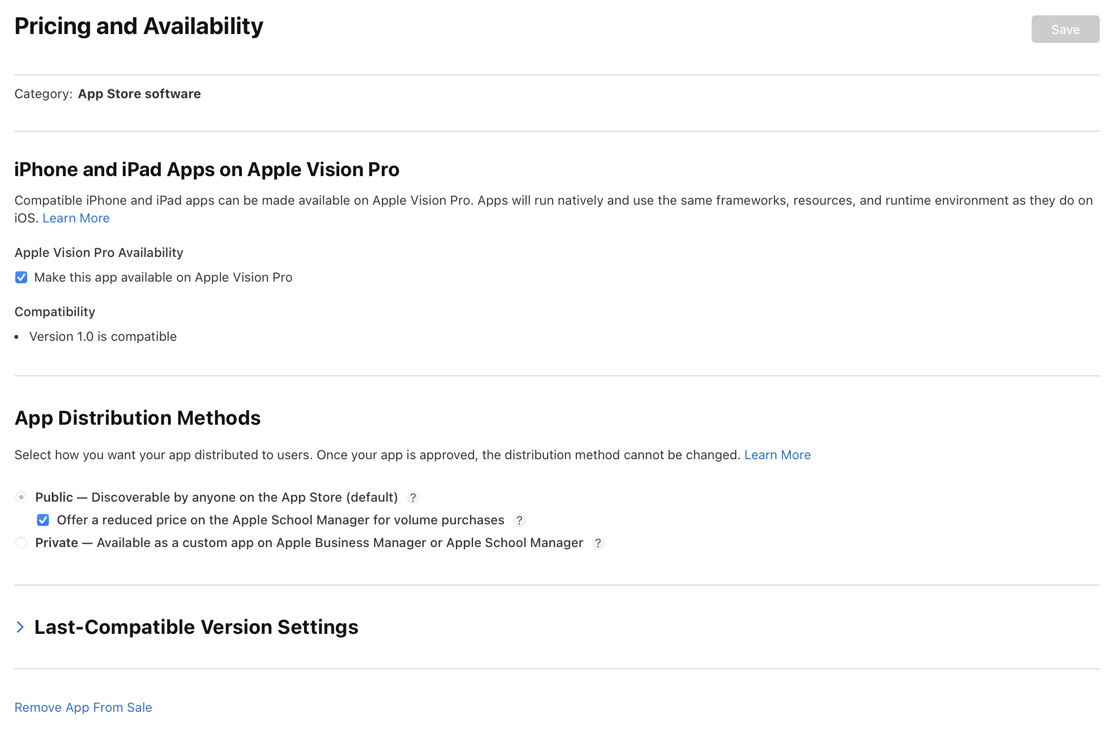 Screenshot of the Pricing and Availability page. At the bottom of the page, there’s a clickable Remove App From Sale link on the left.