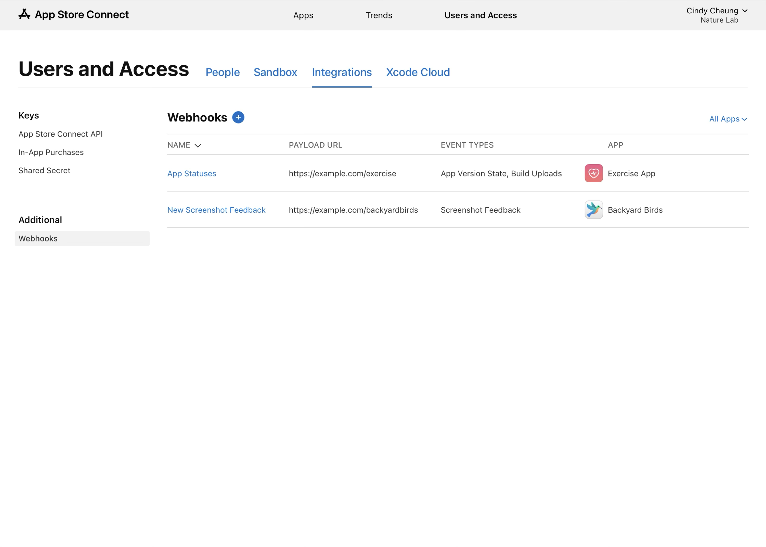 截屏显示了“用户和访问”板块,其中包含一个表格,表格各列分别是名称、有效载荷 URL、事件类型和关联的 App。表中列出了两个 Webhook,名为“App Statuses”的 Webhook 与名为“Exercise App”的 App 相关联,名为“New Screenshot Feedback”的 Webhook 与名为“Backyard Birds”的 App 相关联。页面还显示了一个加号按钮,以便添加新的 Webhook。