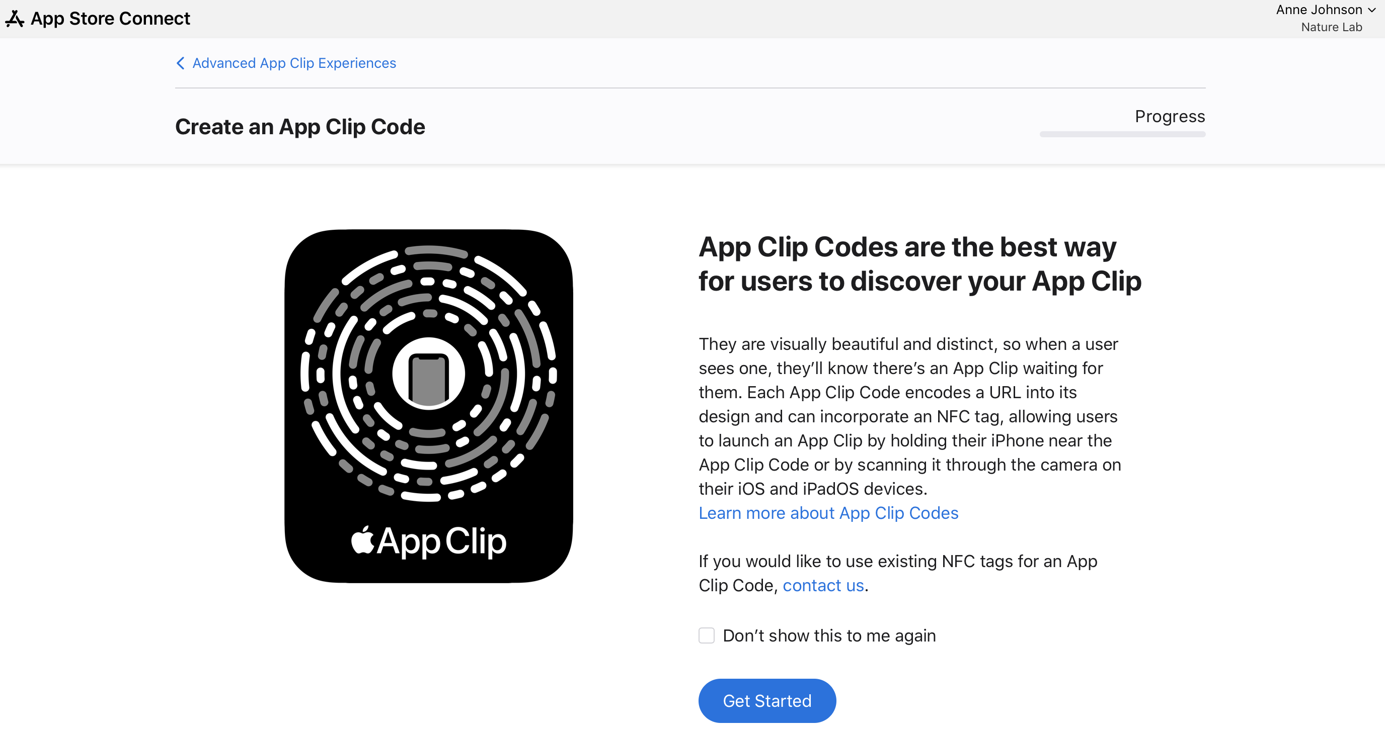 Screenshot of Create an App Clip Code page. There is a Get Started button at the bottom.