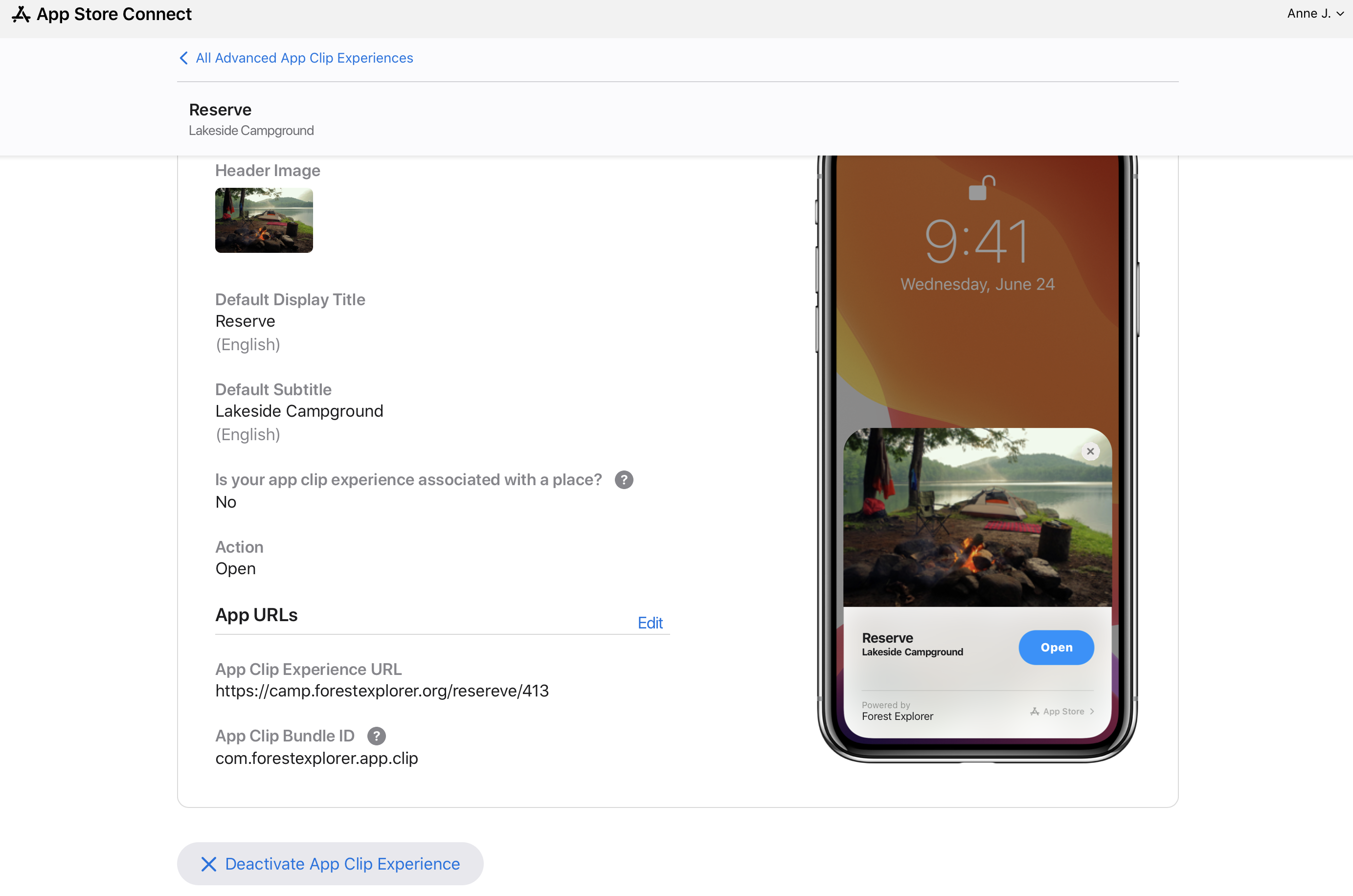 Screenshot of the App Clip experience details page, with a 'Deactivate App Clip Experience' button at the bottom.