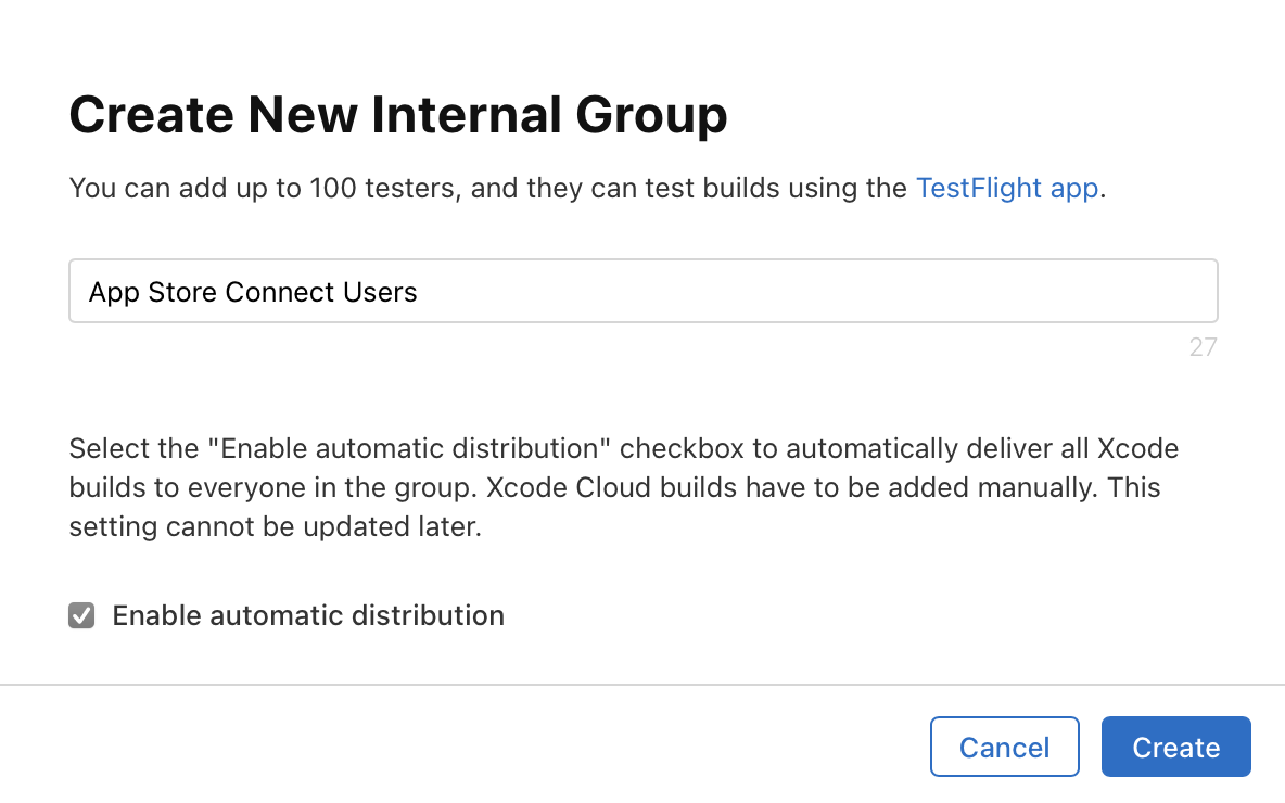 Screenshot of the dialog titled Create New Internal Group. Input field for naming the new internal group. Checkbox labelled Enable automatic distribution is selected. Cancel and Create buttons are in the bottom right corner.