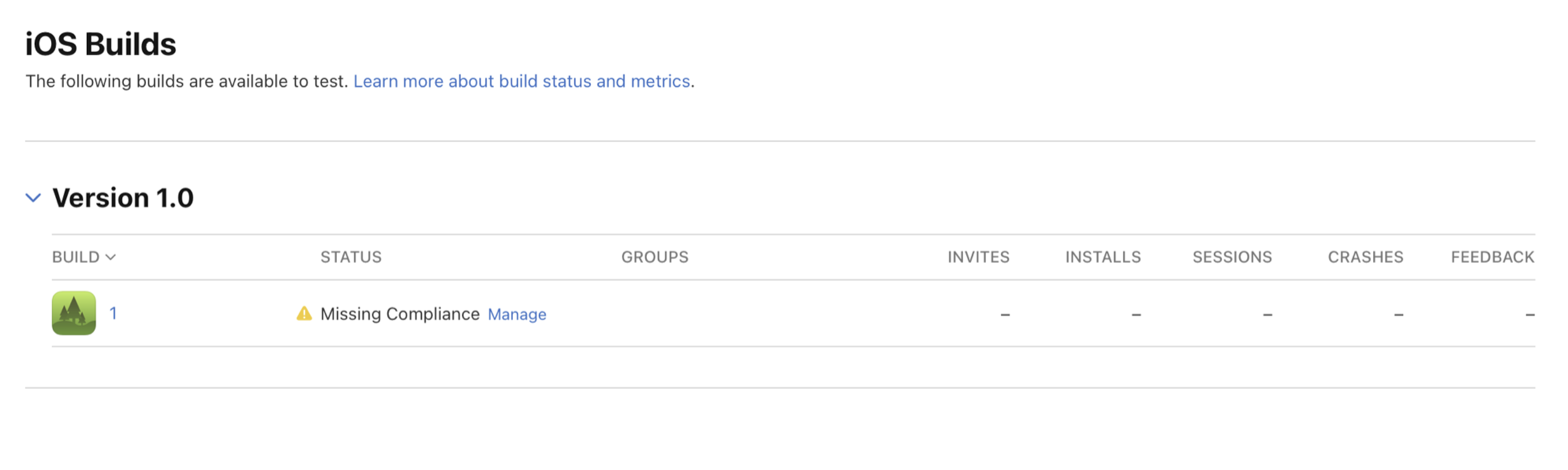 Screenshot of iOS Builds page, under Version 1.0, with a listed build with Missing Compliance status has a clickable Manage link that displays next to it.
