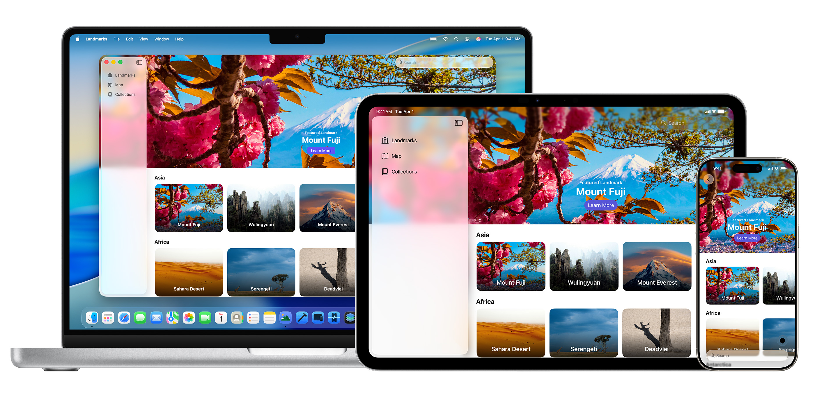 A MacBook Pro, iPad, and iPhone, each displaying the SwiftUI interface.